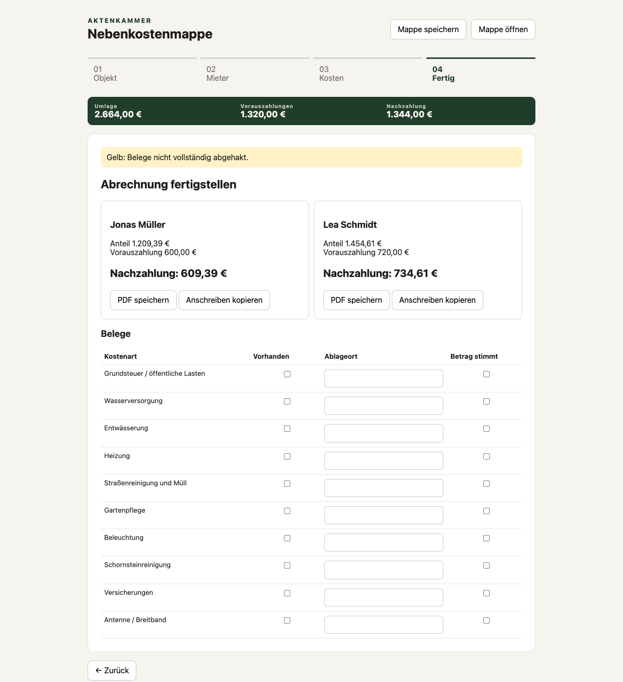 Lokaler Nebenkostenrechner, Schritt Fertig: Leiste mit Umlage, Vorauszahlungen und Nachzahlung, Musterabrechnungen und Schaltflächen für PDF und Anschreiben