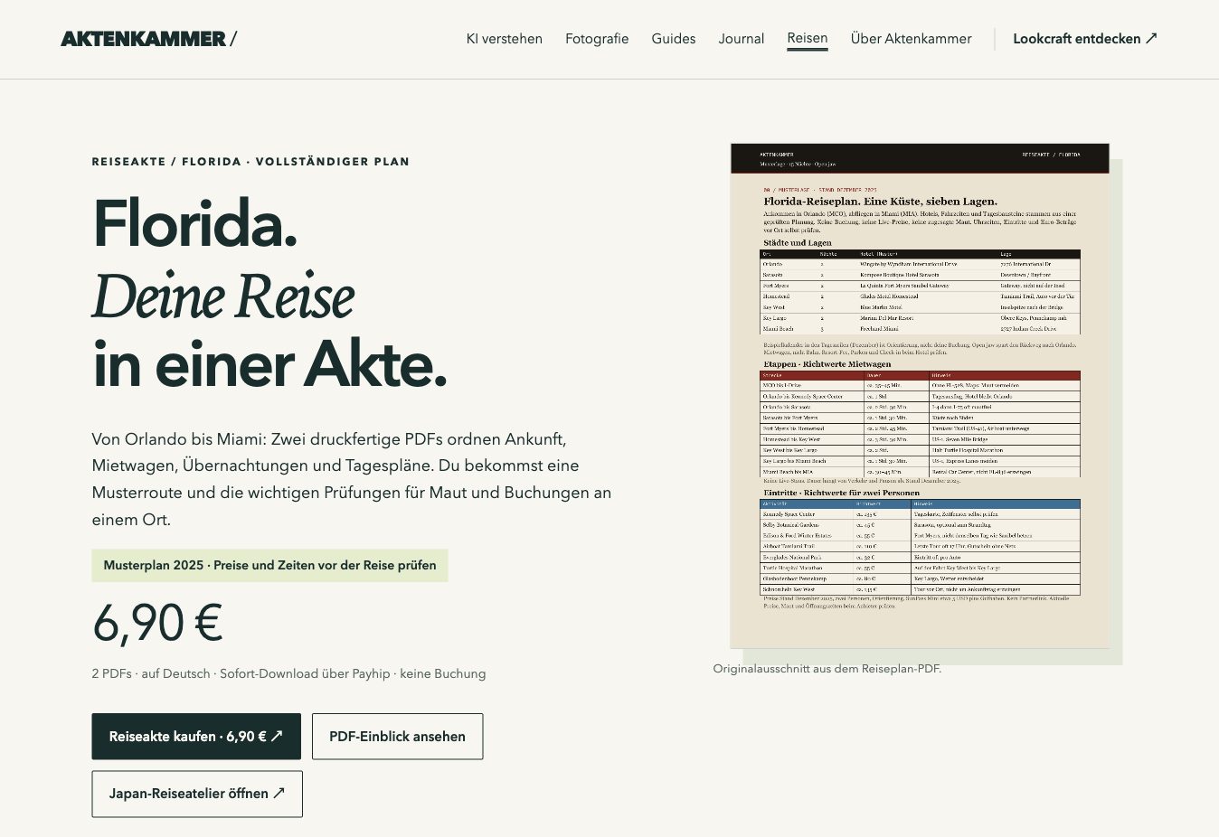 Aktuelle Bildschirmansicht der Florida-Reiseakte