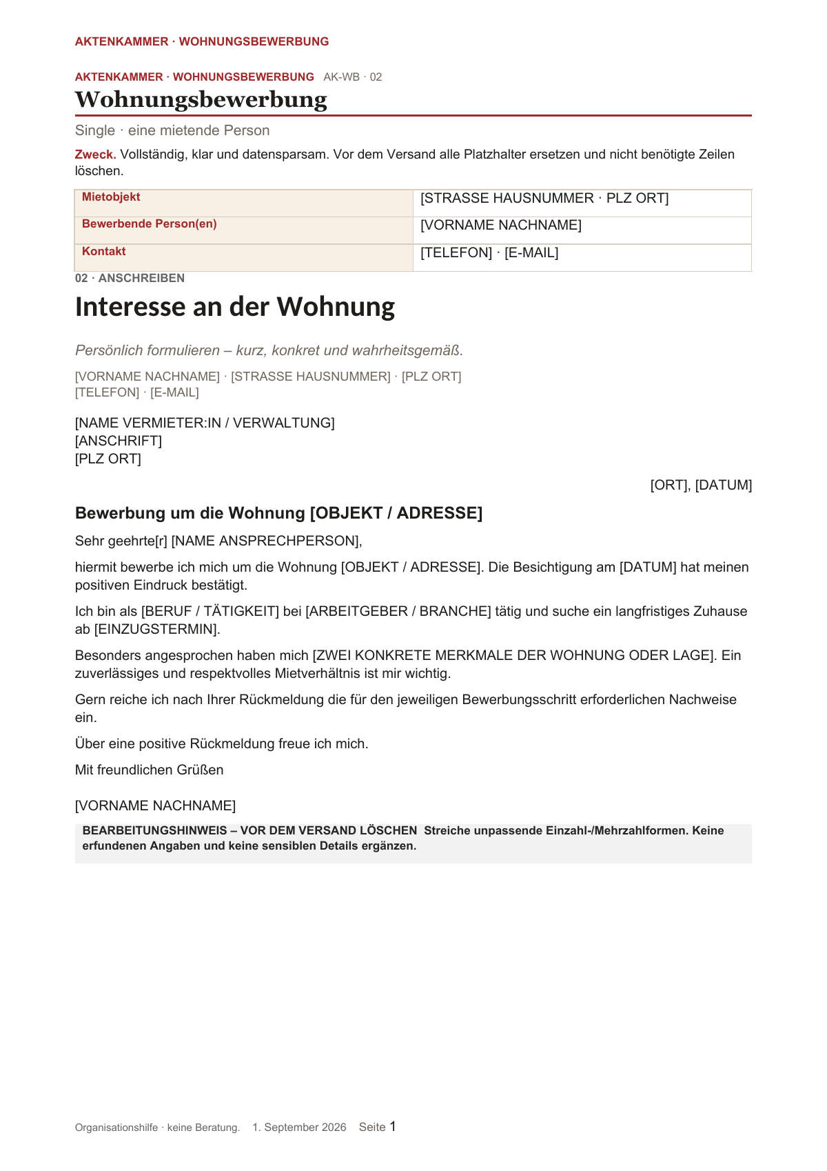 Beispiel einer Vorlage für eine Wohnungsbewerbung